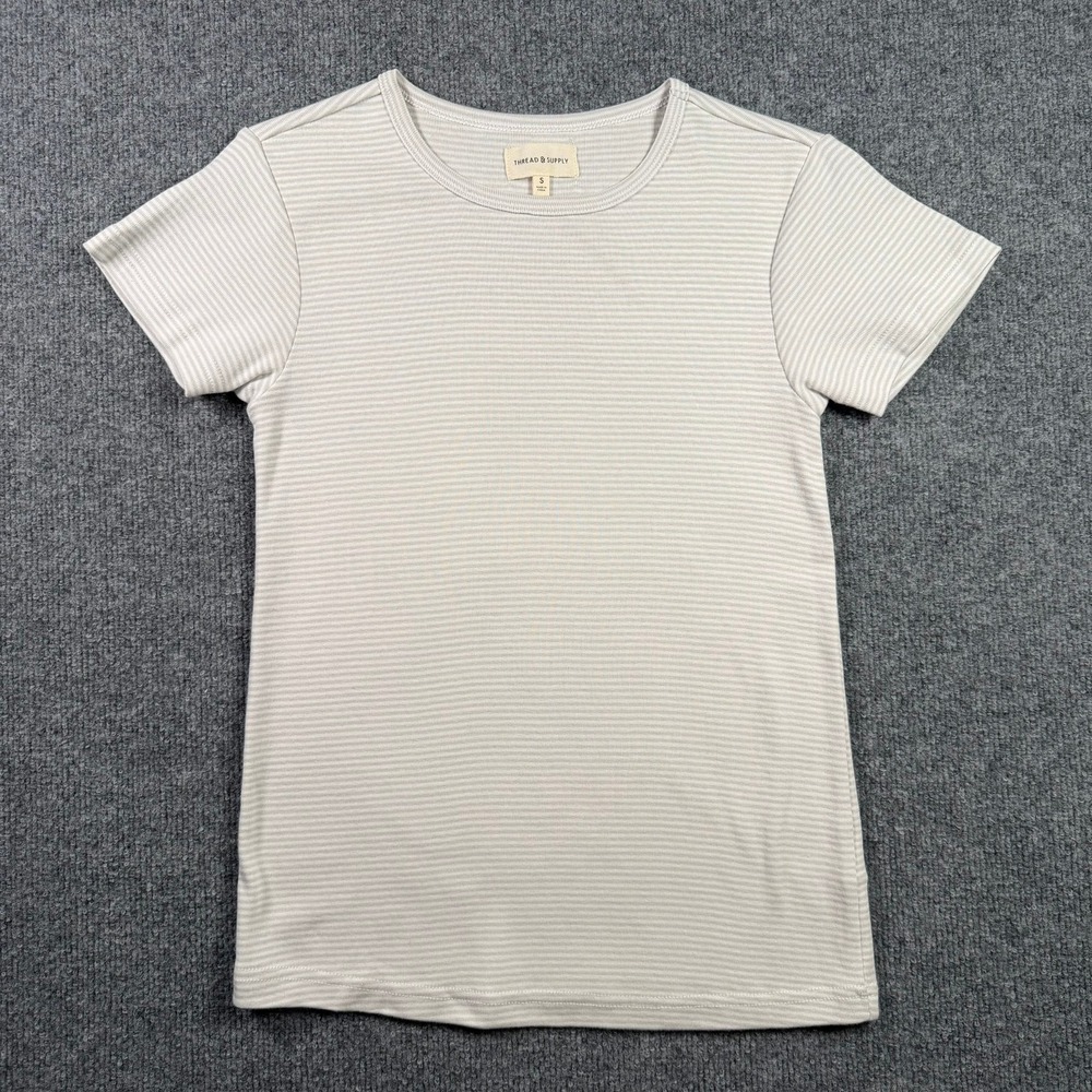 Thread & Supply T-Shirt Women Small Grey Stripe Ribbed Cotton Crew T2666SFRWT